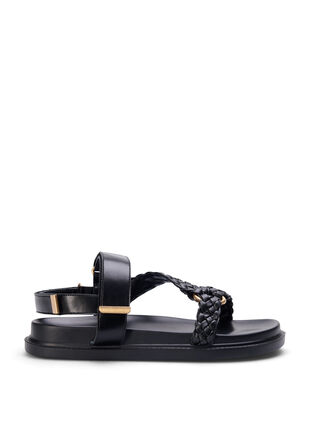 Leather sandal with braided straps and wide fit, Black, Packshot image number 0
