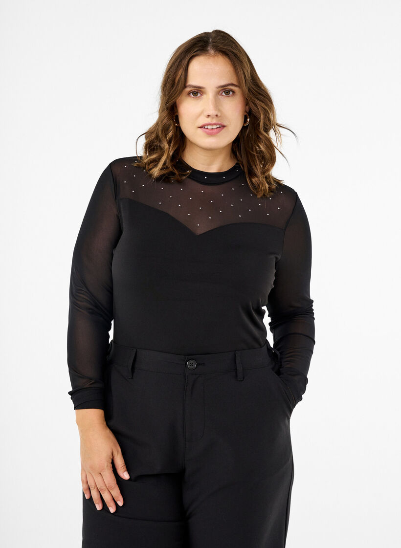 Bodystocking with studs and long mesh sleeves, Black, Model image number 0