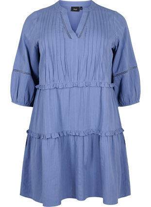 3/4 sleeve cotton dress with ruffles, Moonlight Blue, Packshot image number 0