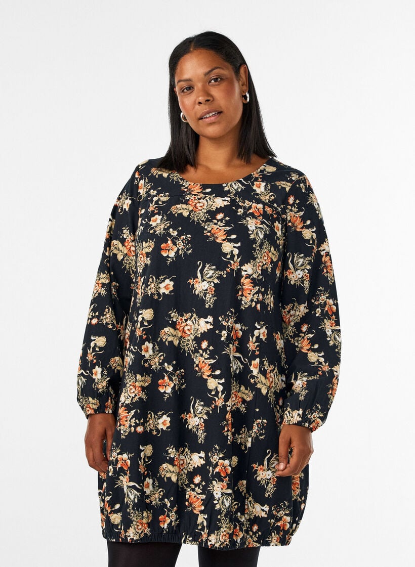 Short cotton dress with an elasticated hem and long sleeves, Black, Model image number 0