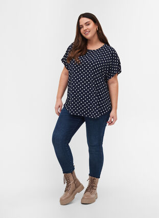 Blouse with short sleeves and a round neckline, Navy Bla w White Dot, Model image number 2