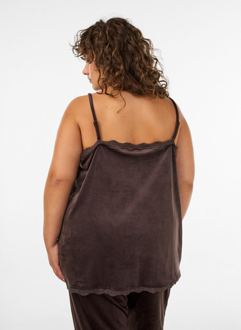 Velour top with lace trim, Brown, Model image number 2