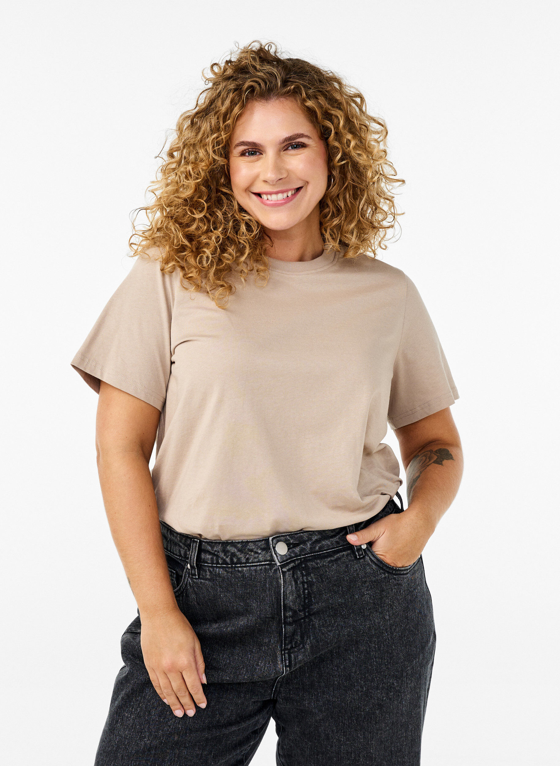 ZizzifashionBasic cotton T-shirt with round neck, Beige, Model image number 0