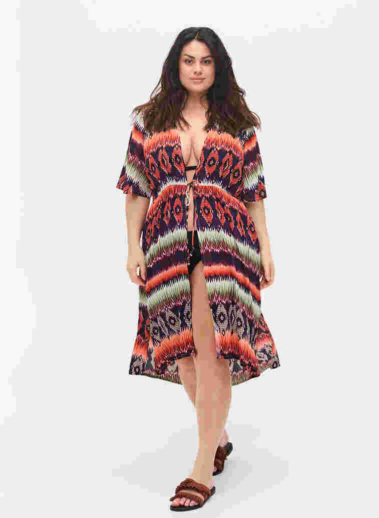 Beach dress in viscose with adjustable waist, Ethnic AOP, Model image number 2