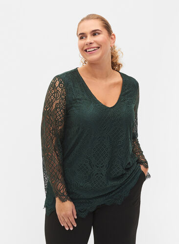 Long-sleeved lace blouse with v-neck, Scarab, Model image number 0