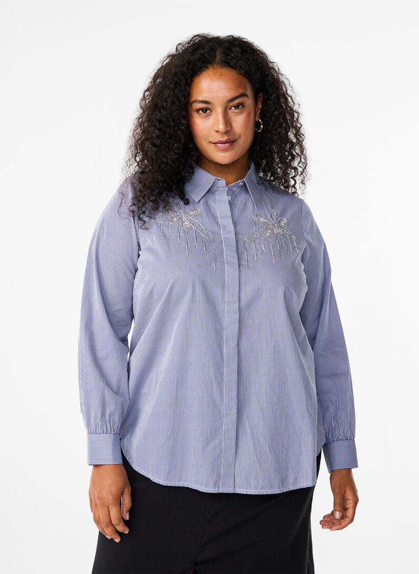 Organic cotton shirt with bead embroidery, Blue, Model image number 0