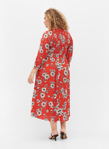 Floral viscose midi dress with smock, Fiery Red Flower AOP, Model image number 1