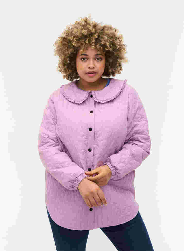 Quilted jacket with collar and frills, Lavender Mist, Model image number 0
