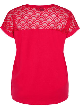 Short-sleeved cotton t-shirt with lace, Tango Red, Packshot image number 1
