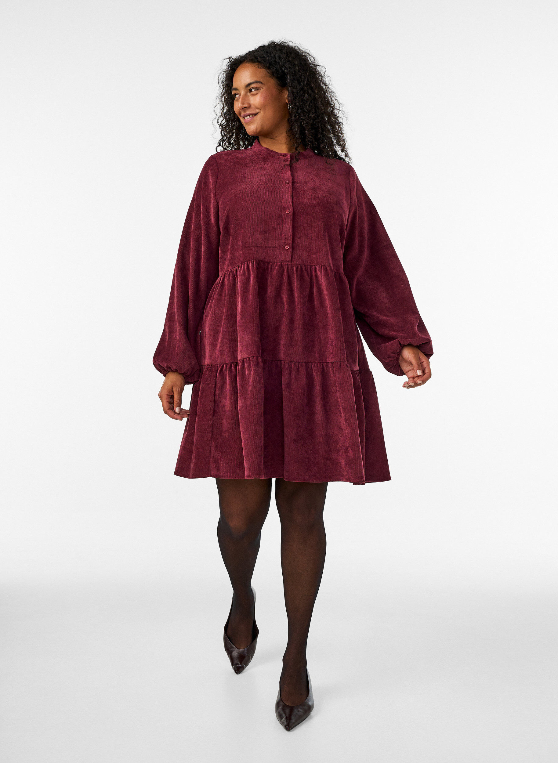 ZizzifashionCorduroy dress with A-line shape and stand collar, Red, Model image number 1