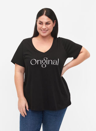 Cotton t-shirt with text print and v-neck, Black ORI, Model image number 0
