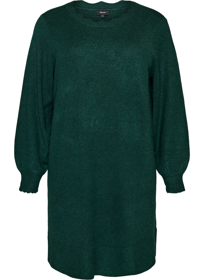 Short knitted dress with wavy hem and slits, Green, Packshot image number 0