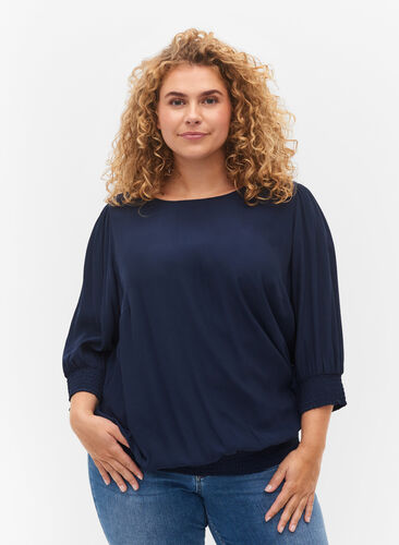 Solid-coloured viscose blouse with a balloon effect, Navy Blazer, Model image number 0
