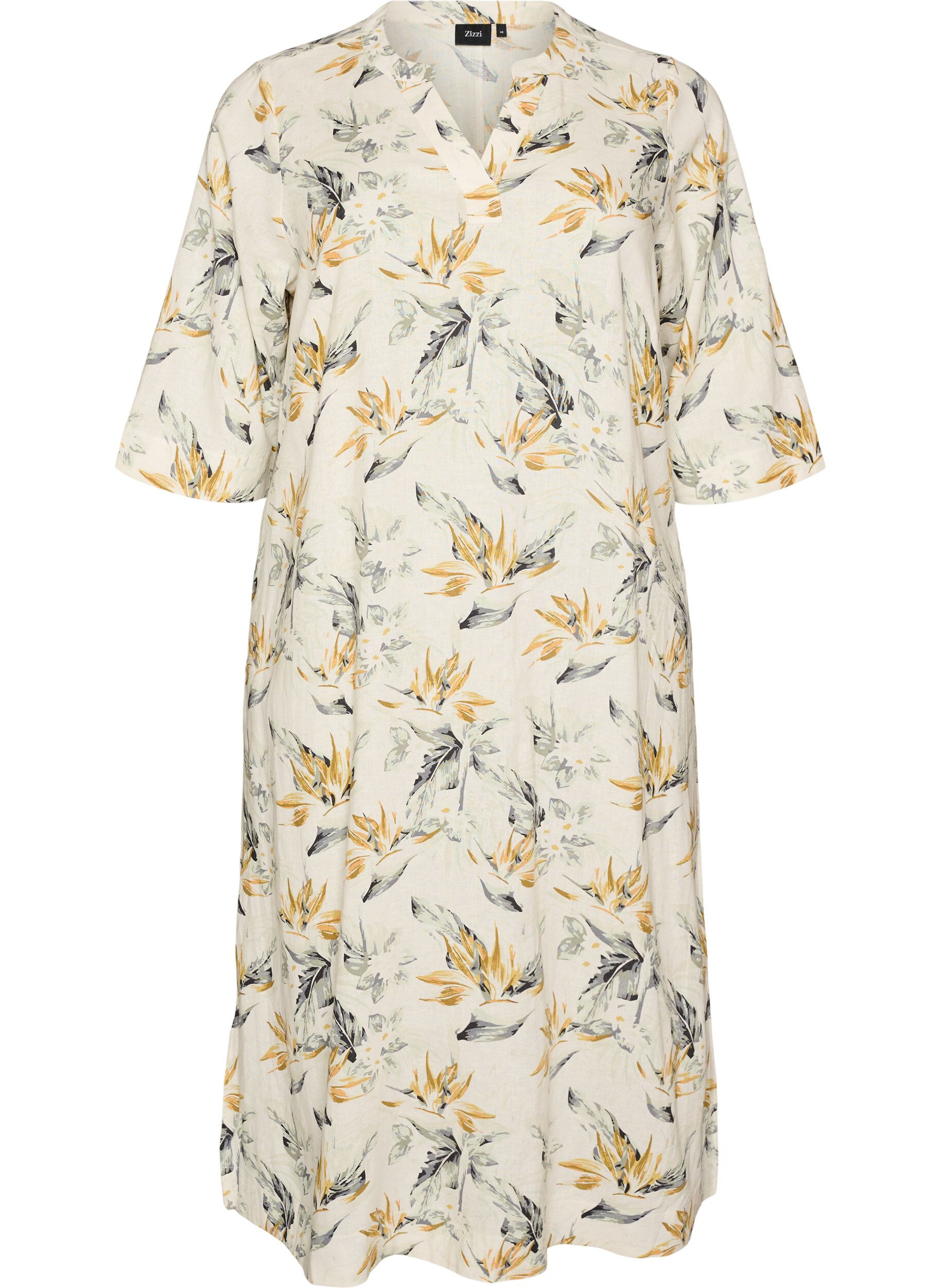 Zizzifashion Midi dress in linen and viscose with 1/2 sleeves, White, Packshot image number 0