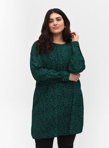 Viscose tunic with print, Black Green AOP, Model image number 0