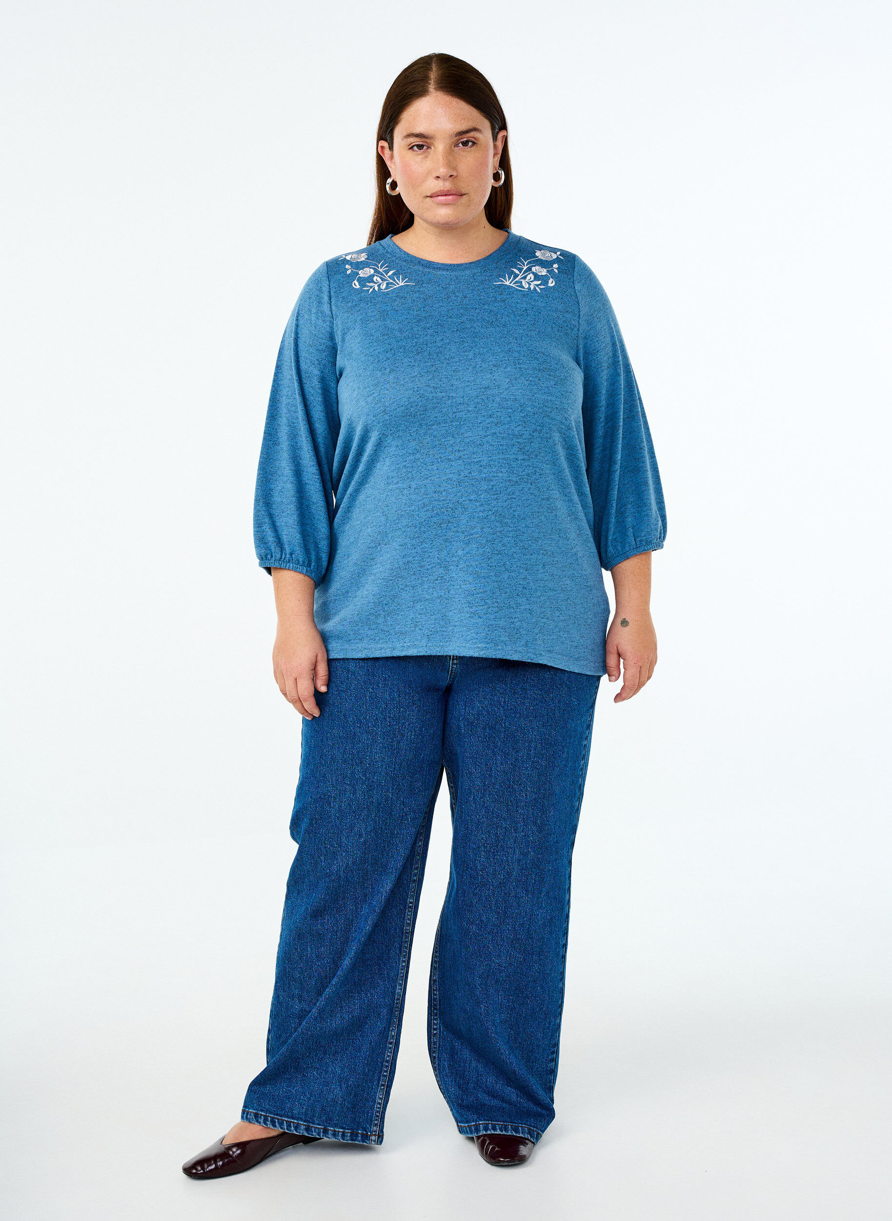 Zizzifashion Blouse with floral embroidery and 3/4 sleeves, Copen Blue Melange, Model image number 2