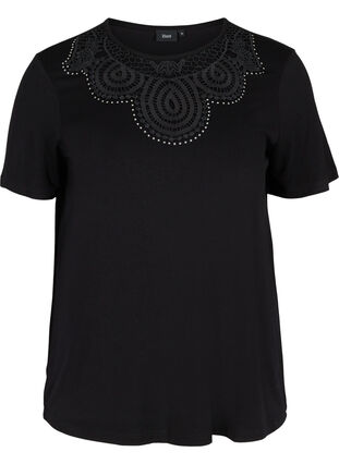 Short-sleeved viscose t-shirt with lace details, Black, Packshot image number 0
