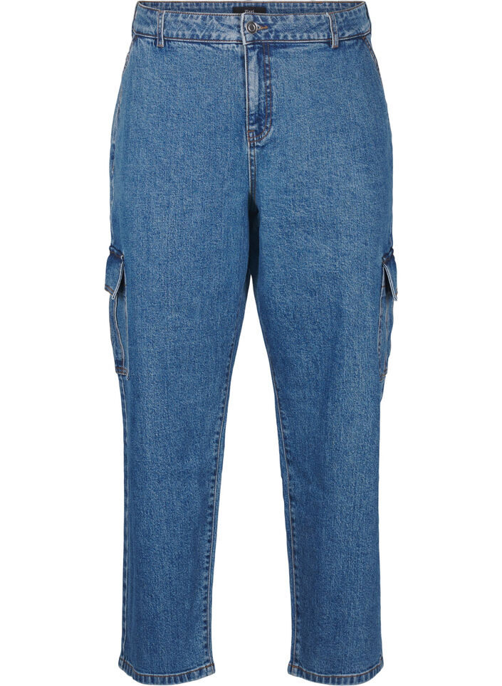Cargo jeans with high waist, Blue Denim, Packshot image number 0