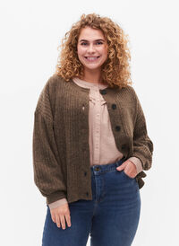 Ribbed knitted cardigan with buttons, Brown Mel., Model