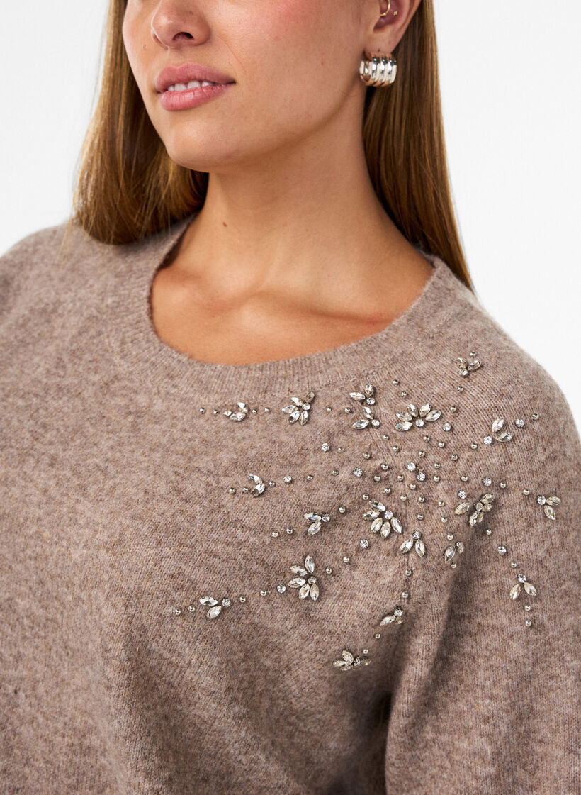 Knitted blouse with rhinestones and studs, Beige, Model image number 3