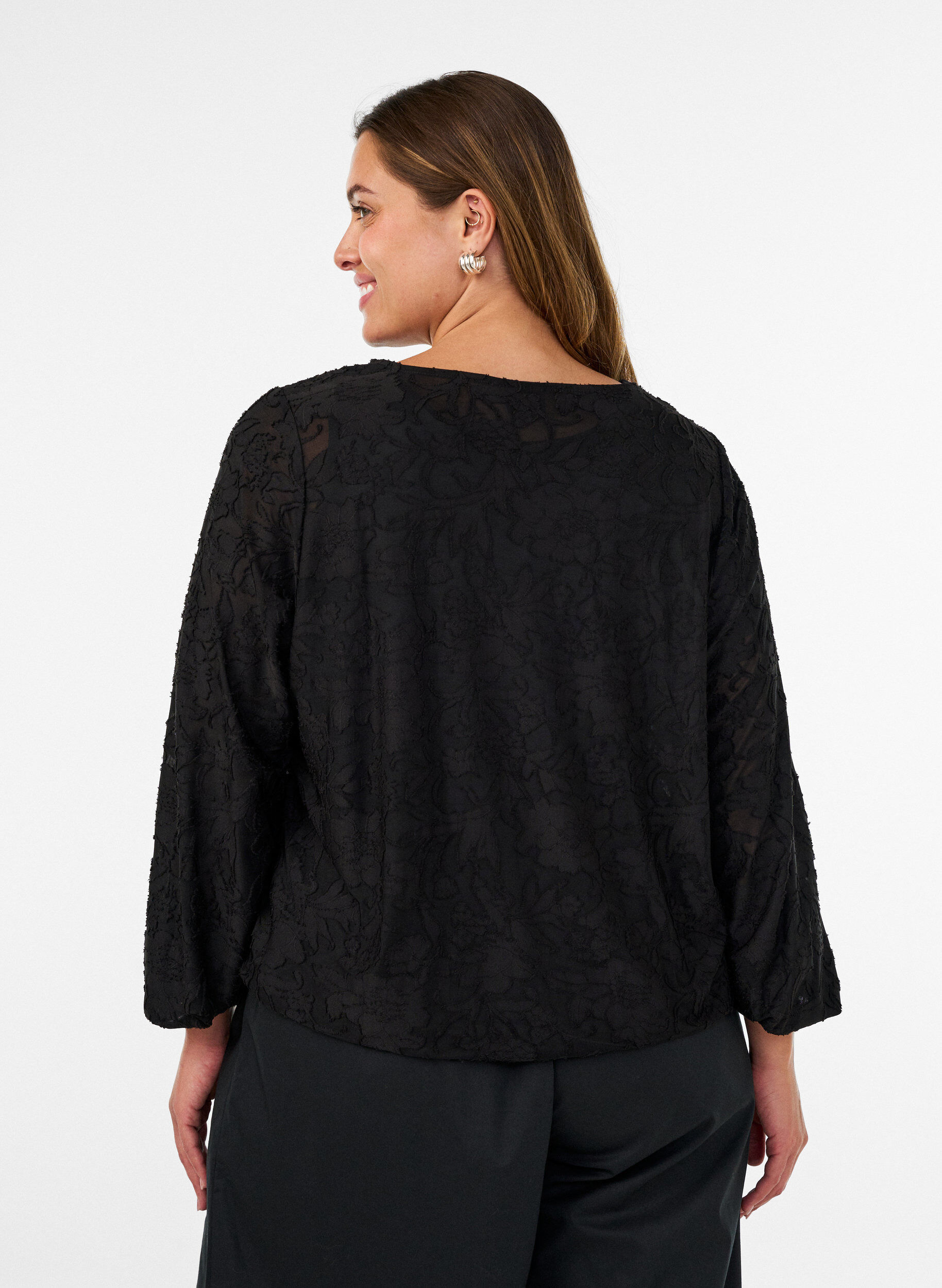 ZizzifashionSheer blouse with floral texture and long sleeves, Black, Model image number 2