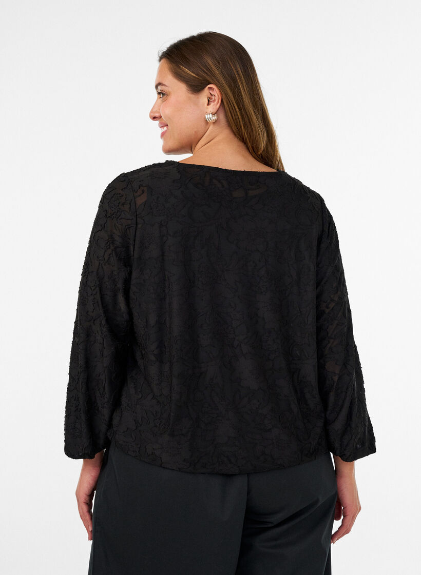 Sheer blouse with floral texture and long sleeves, Black, Model image number 2