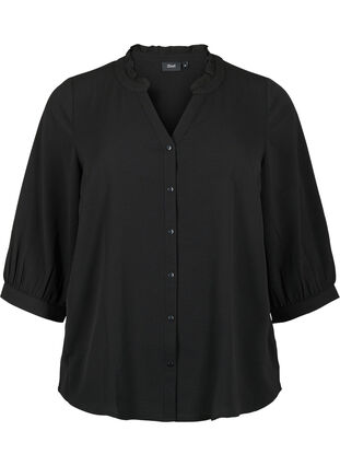 Shirt blouse with 3/4 sleeves and ruffle collar, Black, Packshot image number 0