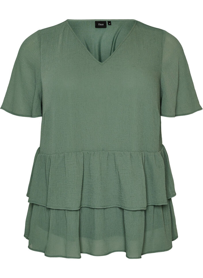 Blouse with V-neck and ruffles, Green, Packshot image number 0
