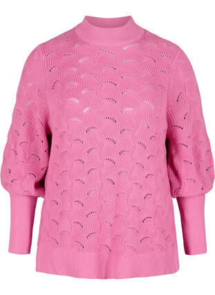 Patterned knitted blouse with puff sleeves, Wild Orchid, Packshot image number 0