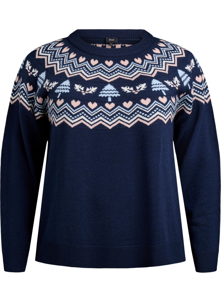 Knitted blouse with jacquard pattern and Christmas motifs, Blue, Packshot image number 0