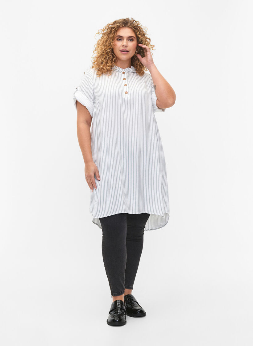 Short-sleeved viscose tunic with hood, Chinois Green Stripe, Model image number 2