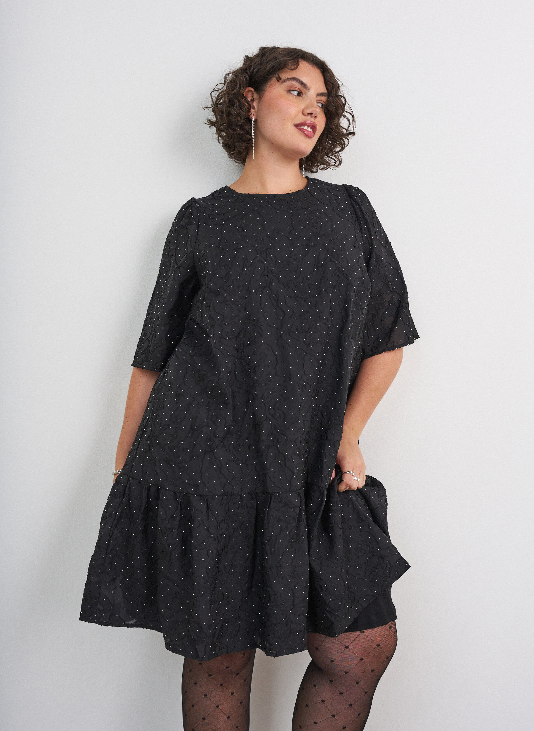 ZizzifashionJacquard dress with sparkly details and puff sleeves, Black, Model image number 0