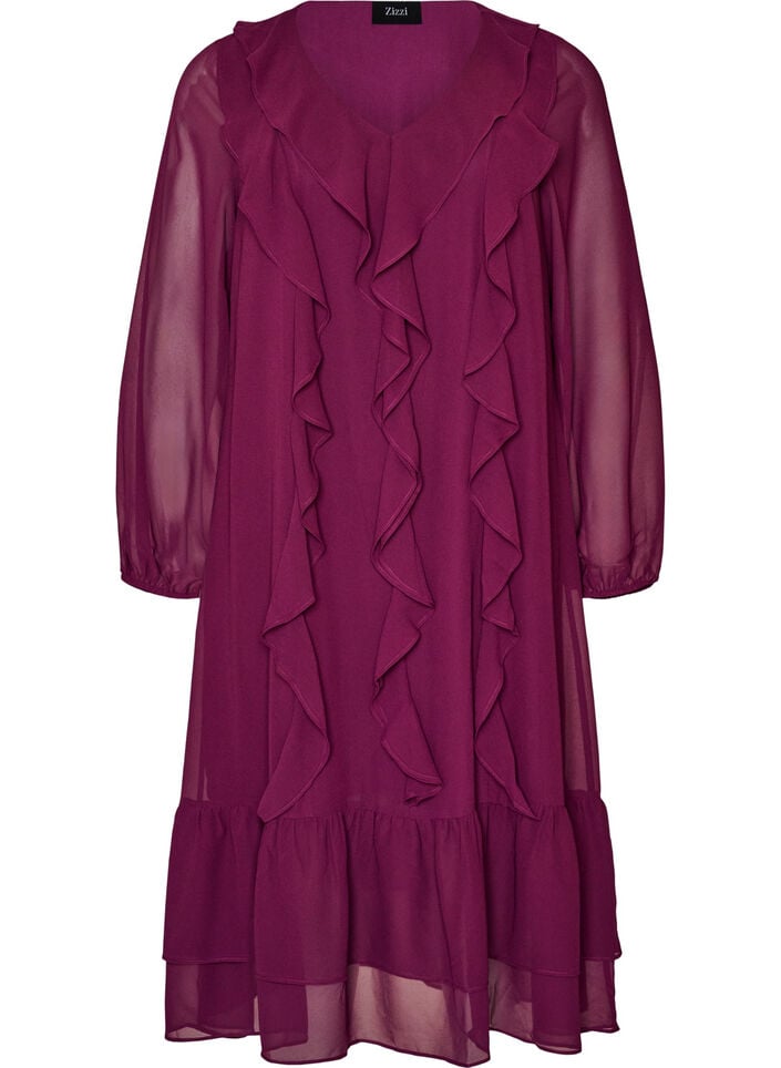 Party dress with ruffle details and V-neck, Red, Packshot image number 0