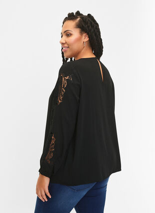 Long sleeve blouse with crochet details, Black, Model image number 1