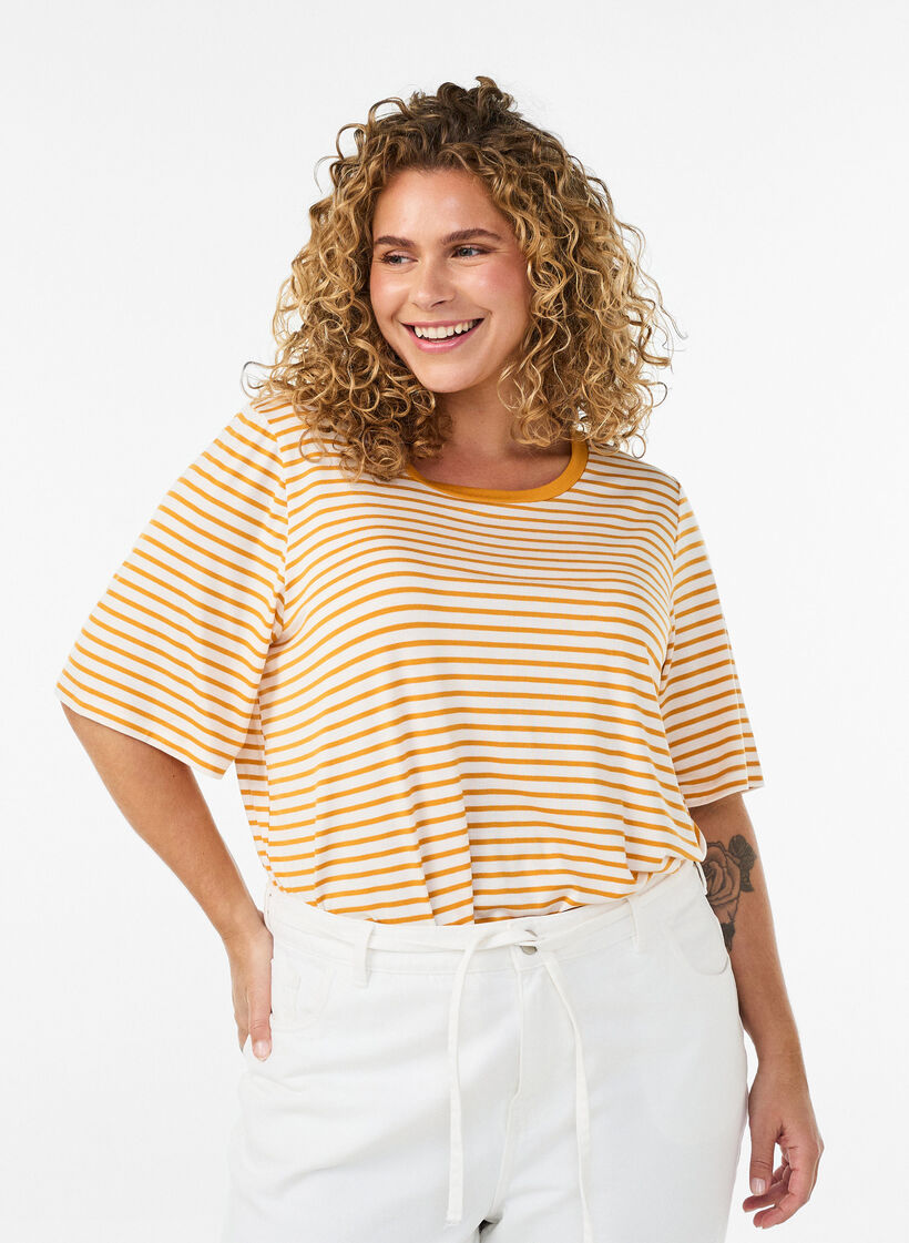 T-shirt with TENCEL&trade; Lyocell and stripes, Yellow, Model image number 0