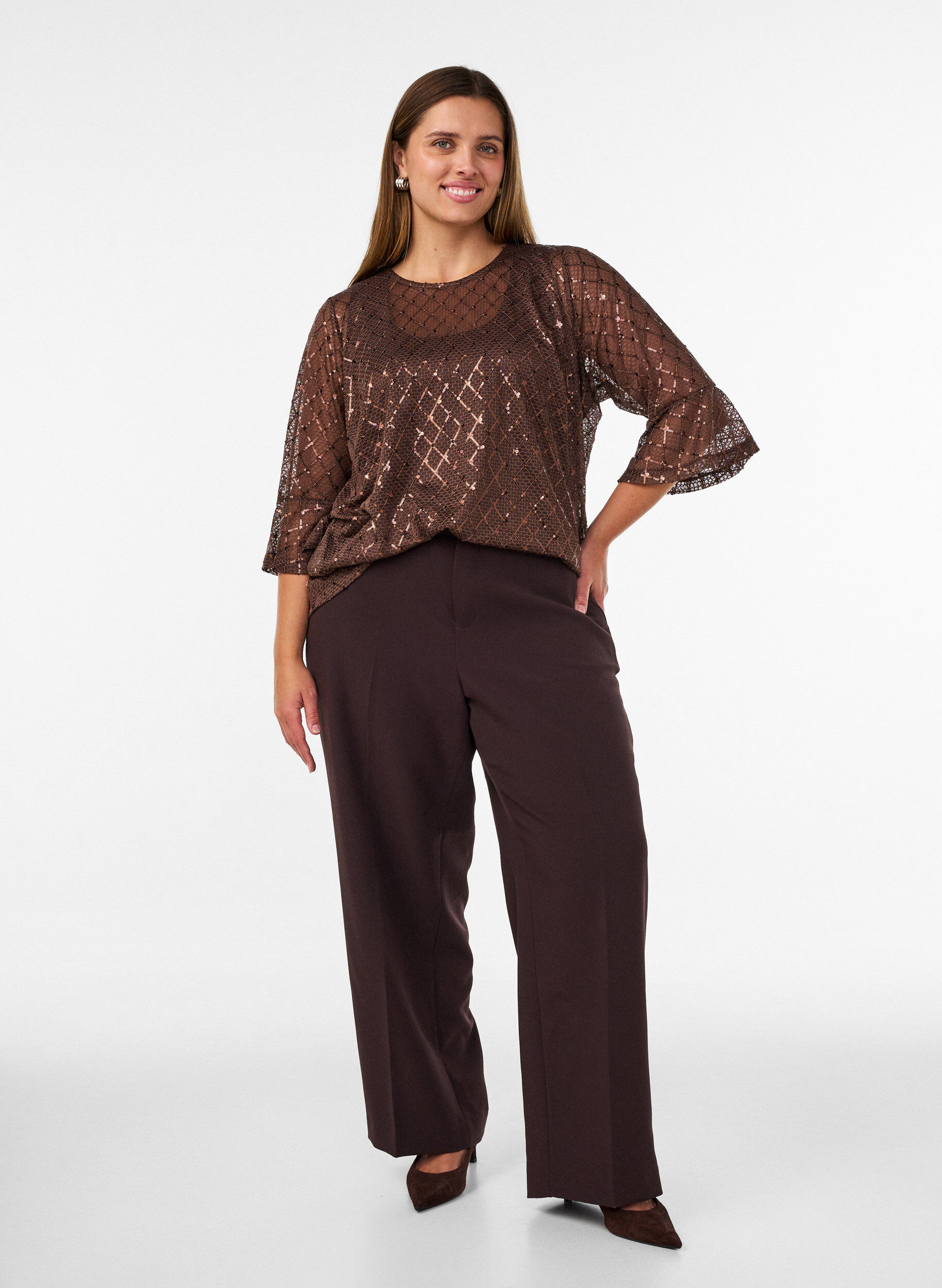 ZizzifashionSheer blouse with sequins and a diamond pattern, Brown, Model image number 1