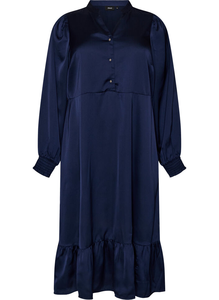 Satin dress with long sleeves and V-neck, Blue, Packshot image number 0
