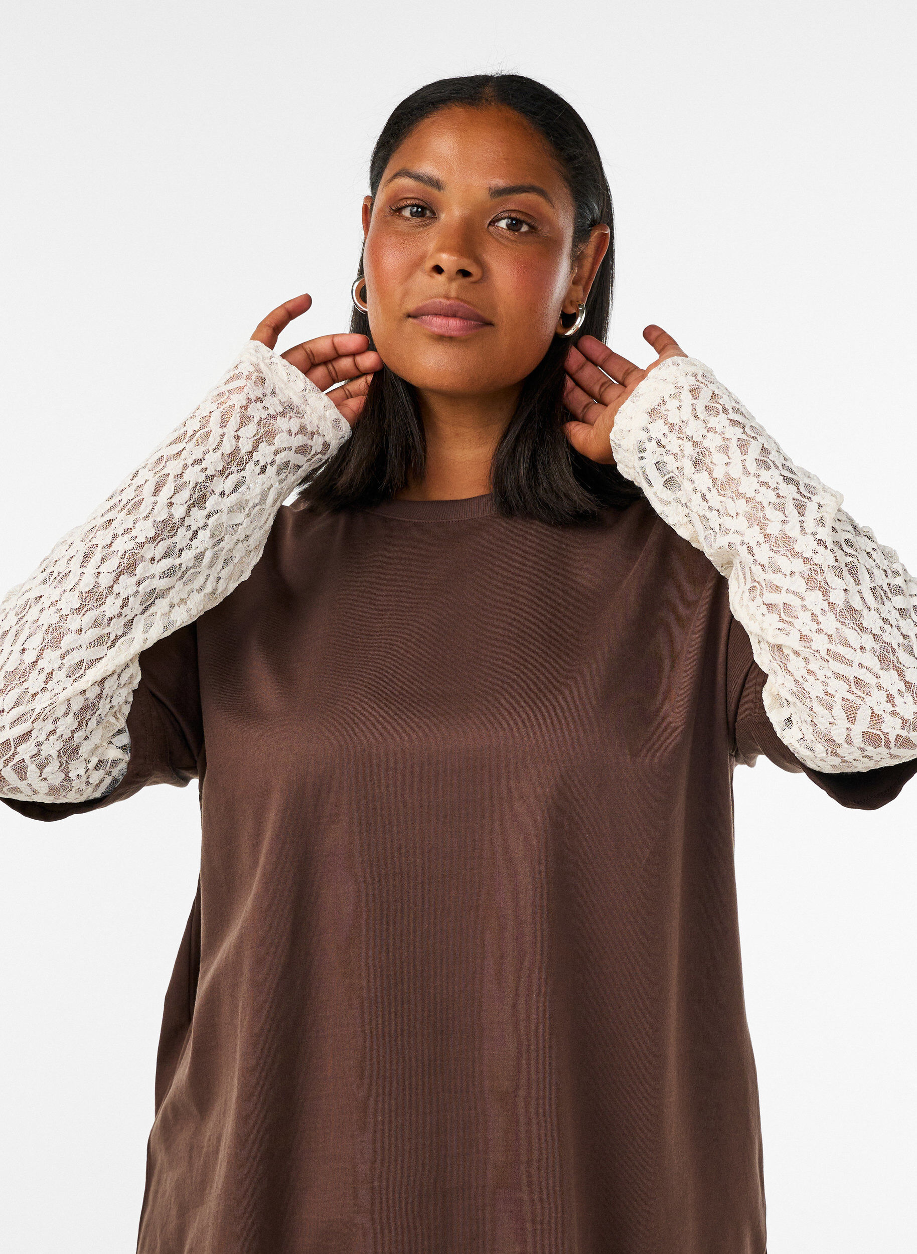 ZizzifashionLoose t-shirt with long lace sleeves, Brown, Model image number 3