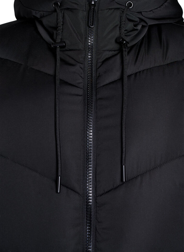 Long puffer coat with hood and pockets, Black, Packshot image number 2
