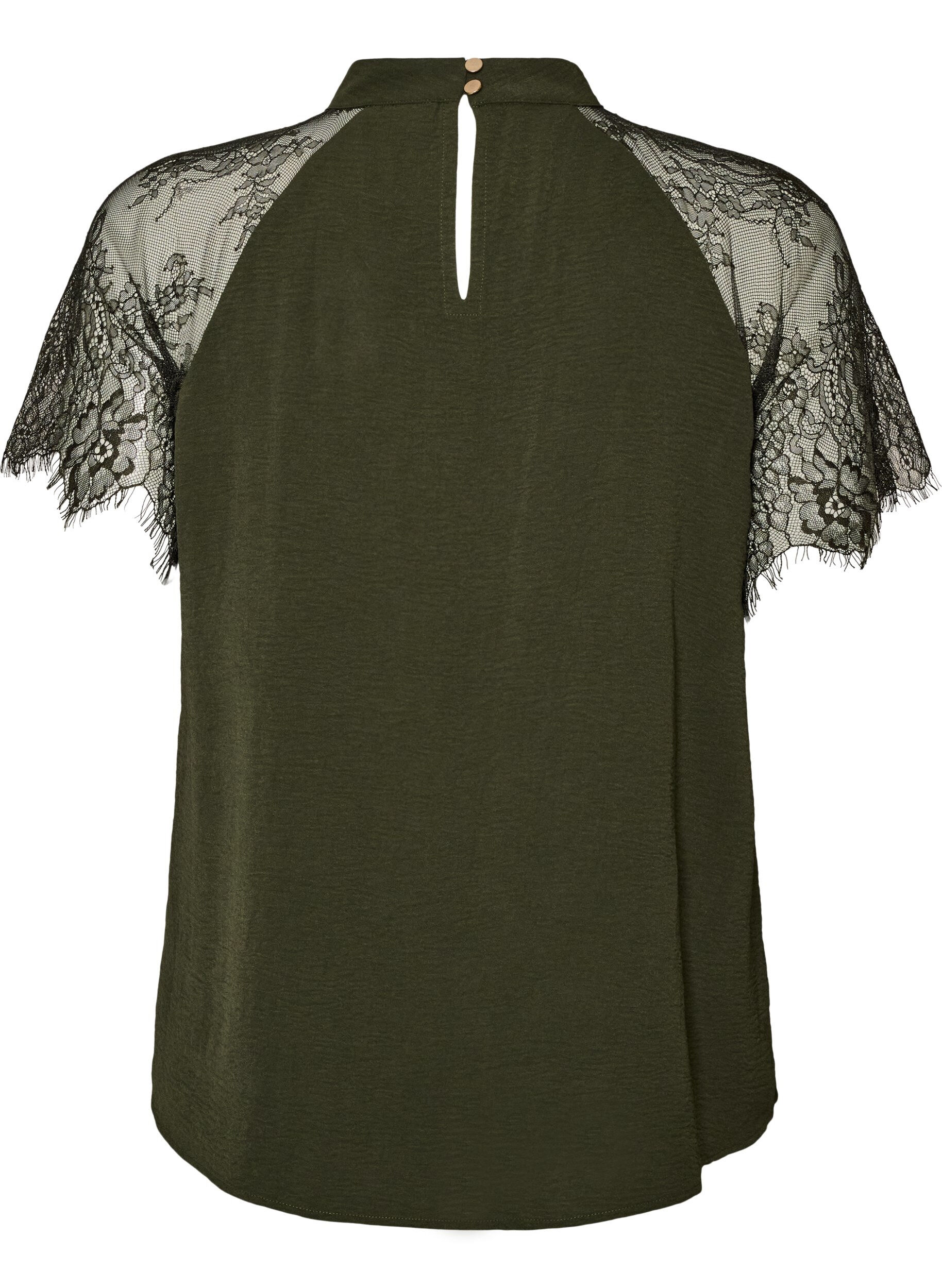 ZizzifashionBlouse with short lace sleeves and high neck, Green, Packshot image number 1