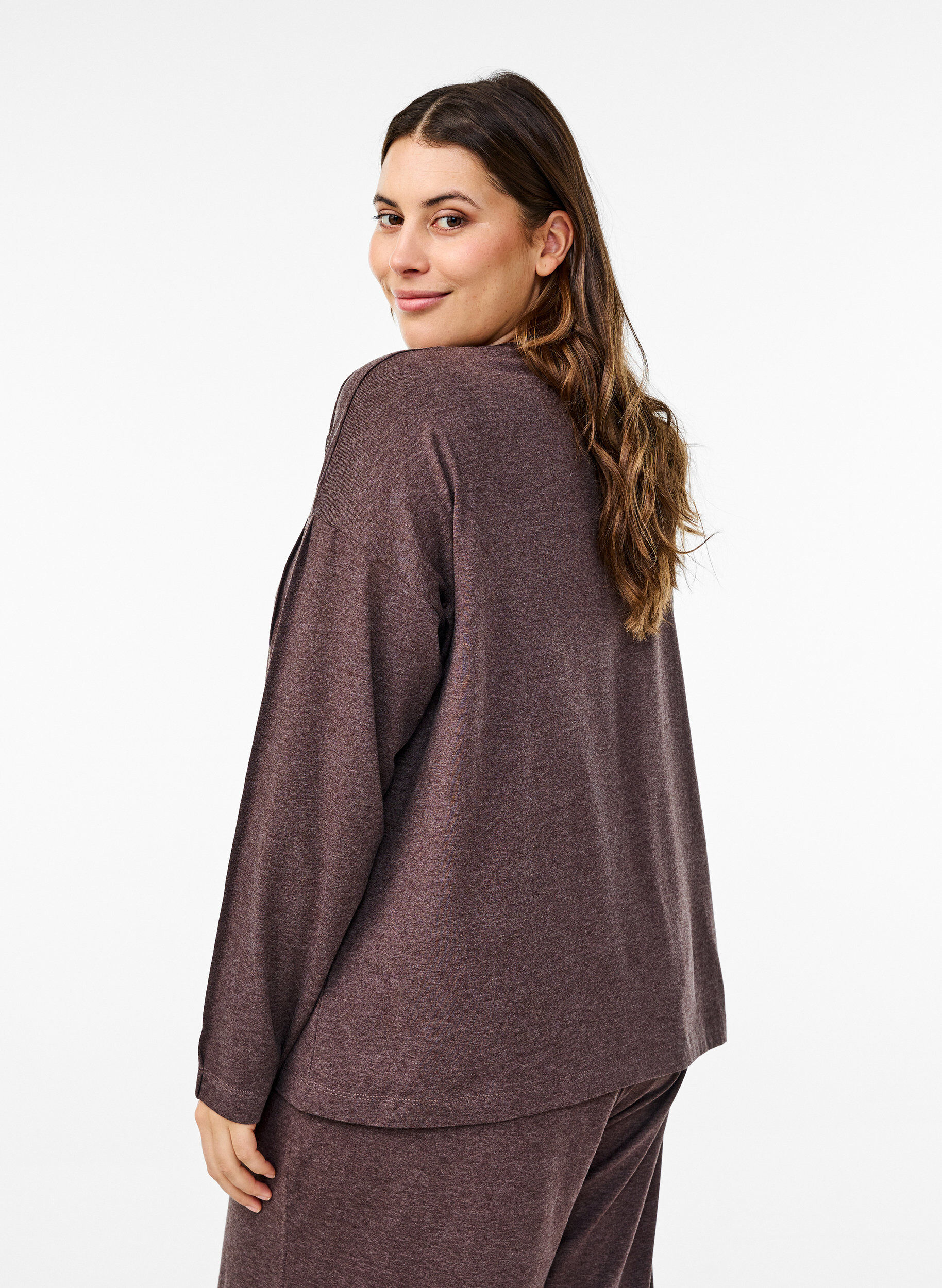 Zizzifashion Loose jersey blouse with seam details, Brown, Model image number 2