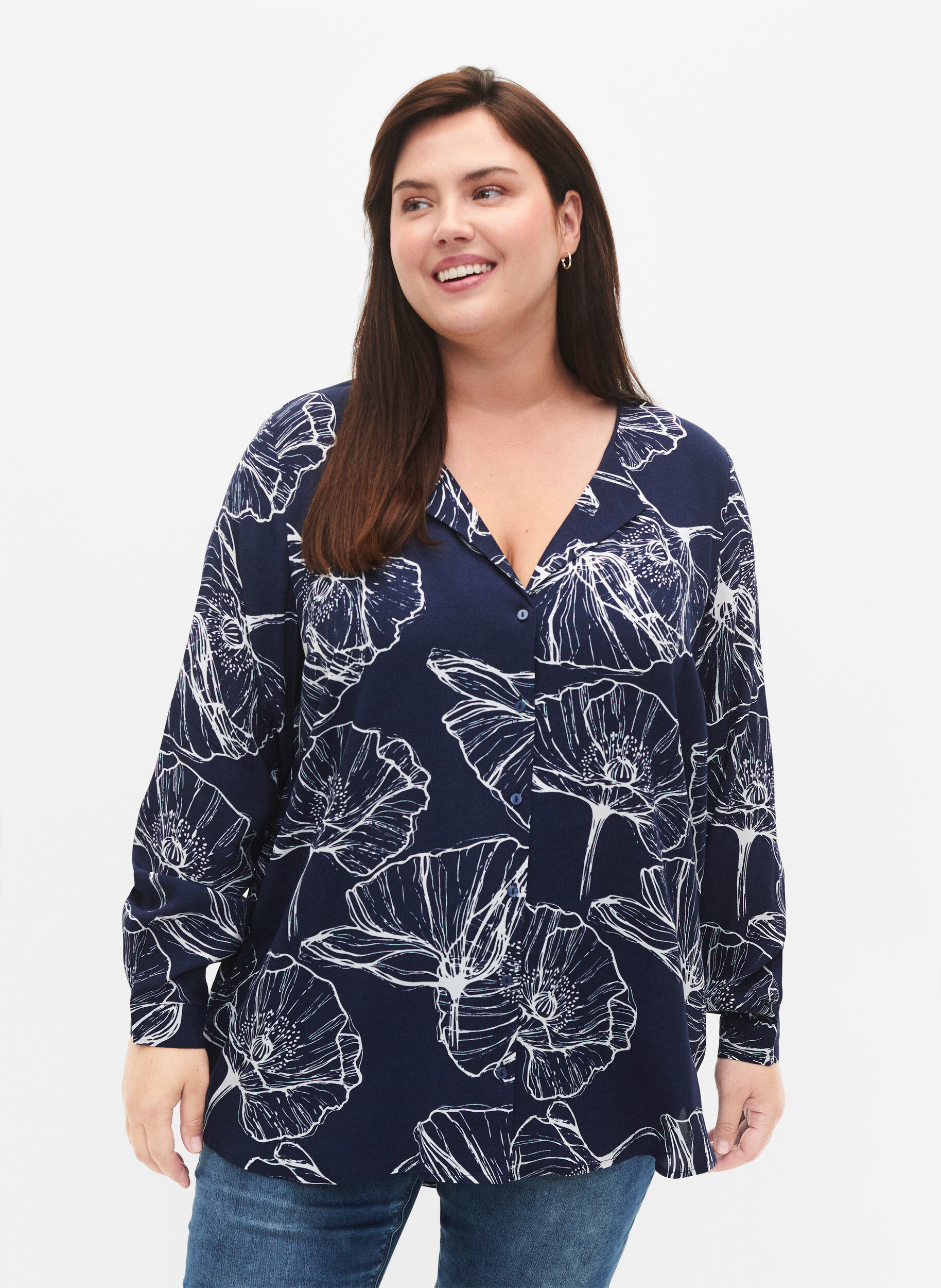 Zizzifashion Floral print viscose shirt with long sleeves, Navy B./Big Fl.AOP, Model image number 0