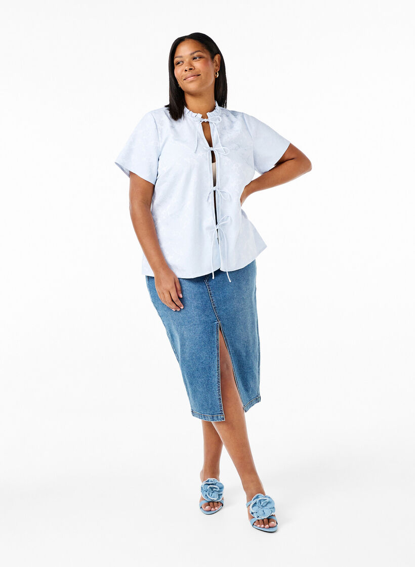 Short-sleeved jacquard blouse with ties, Light Blue, Model image number 1