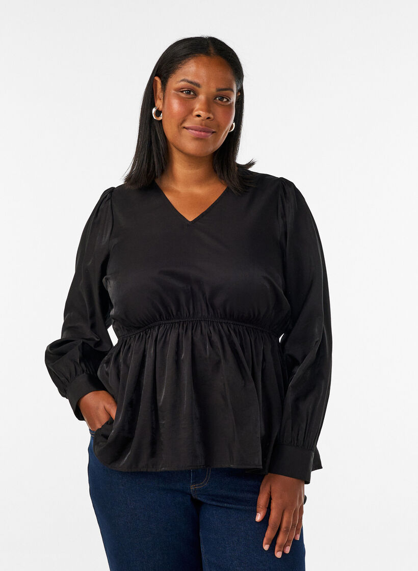 Shiny viscose blouse with peplum effect, Black, Model image number 0