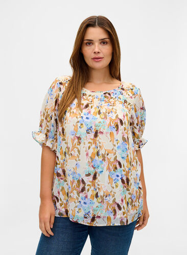 Short-sleeved floral blouse with smock, Humus Flower AOP, Model image number 0