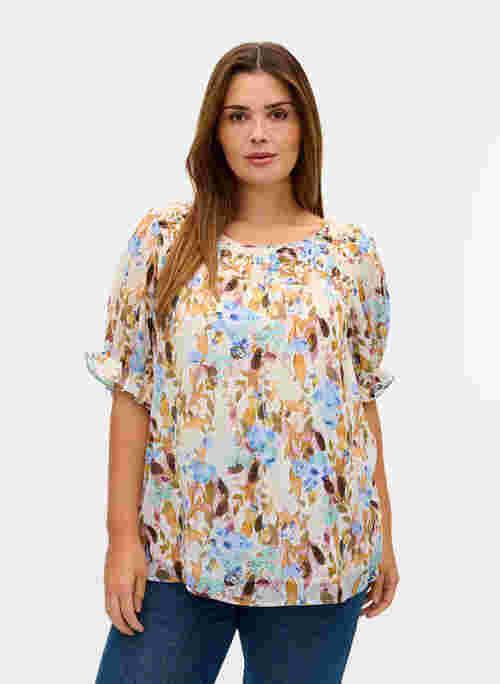 Short-sleeved floral blouse with smock