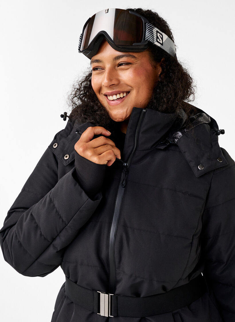 Water-repellent ski jacket with hood and belt, Black, Image image number 0