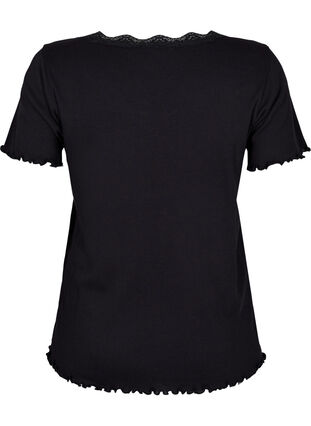 Short-sleeved pyjama top with lace trim, Black, Packshot image number 1