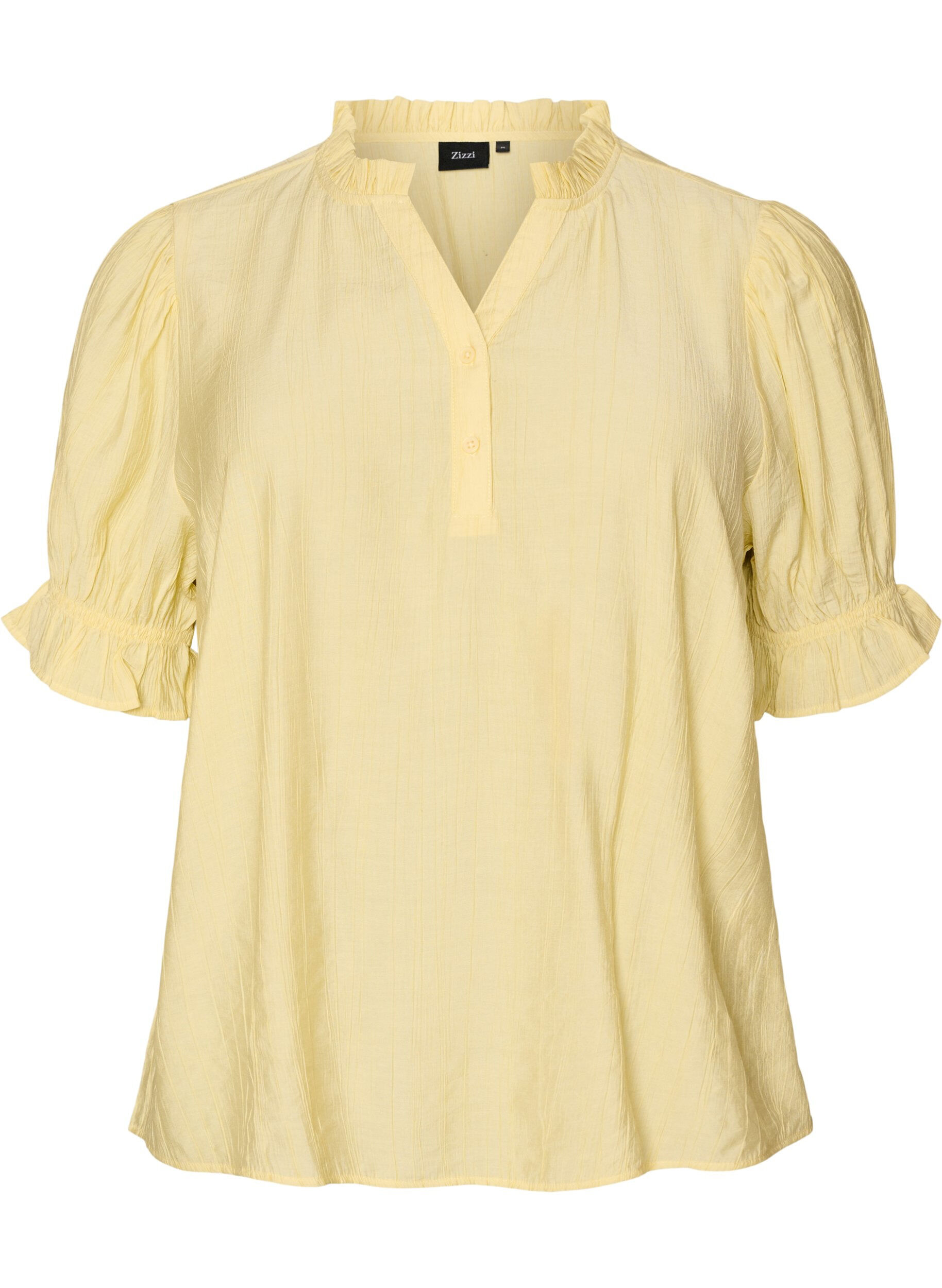 Short-sleeved blouse in a viscose blend with texture and ruffle sleeves