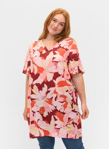 Floral viscose tunic with short sleeves, Bordeaux Flower AOP, Model image number 0